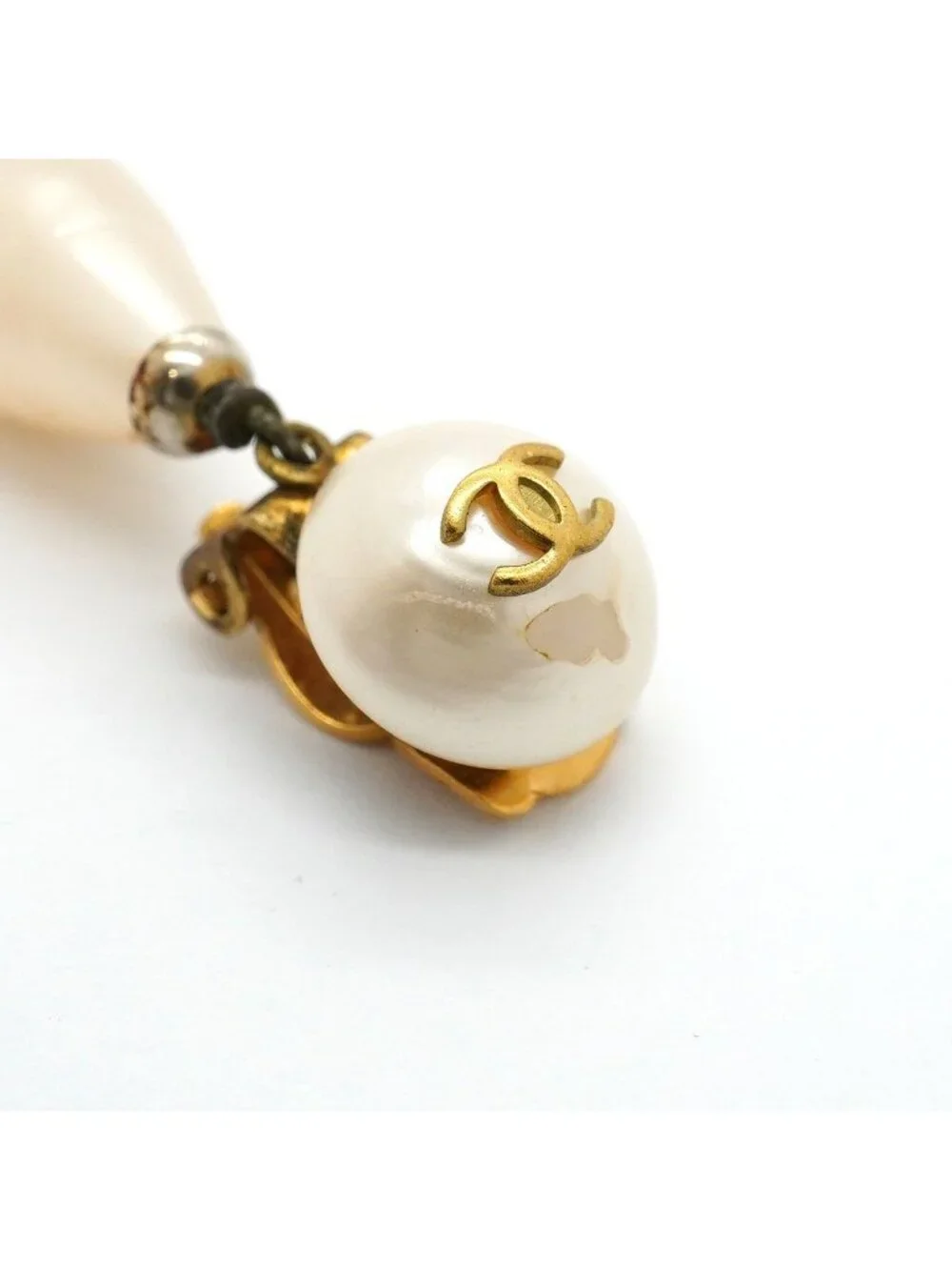 Chanel Earrings Vintage CC Logo Gold Plated Faux Pearl